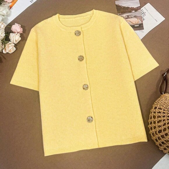Yellow Casual Women's Plus Size Loose Knitted Short Slouchy Cardigan Top - Picture 7 of 8